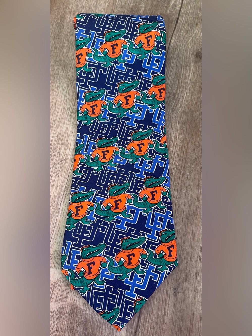 University of Florida Gator Print Necktie in Navy, Orange & Green. 100% Silk.